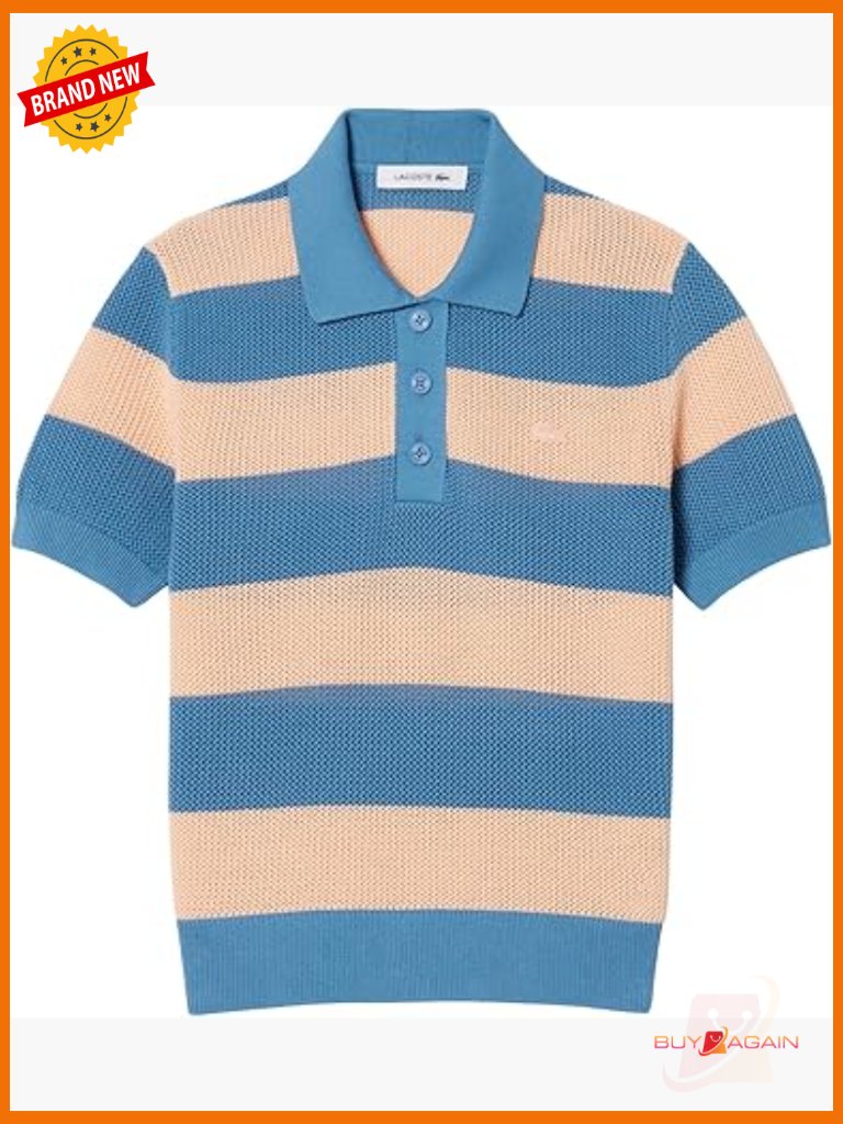 Striped Mesh Knit Polo Collar Sweater - Breathable Cotton Pullover